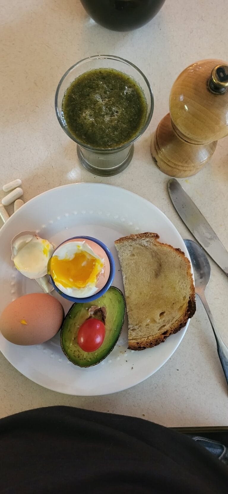 soft boiled eggs, avocado and green juice