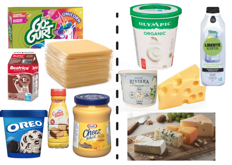 Comparison of highly processed dairy products versus minimally processed whole-food dairy options.